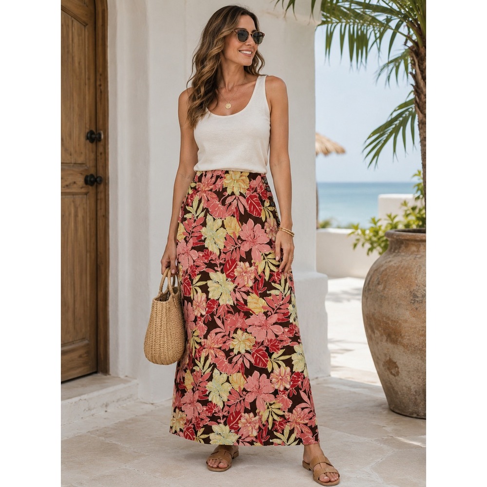Liz Claiborne Tropical Floral Linen Maxi Skirt Resort Coastal Boho Size 14